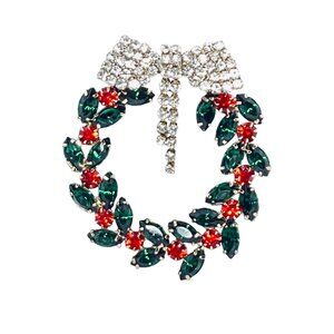 Cescabelle Gold Tone With Red, Green And Clear Rhinestone Wreath Brooch (6206)